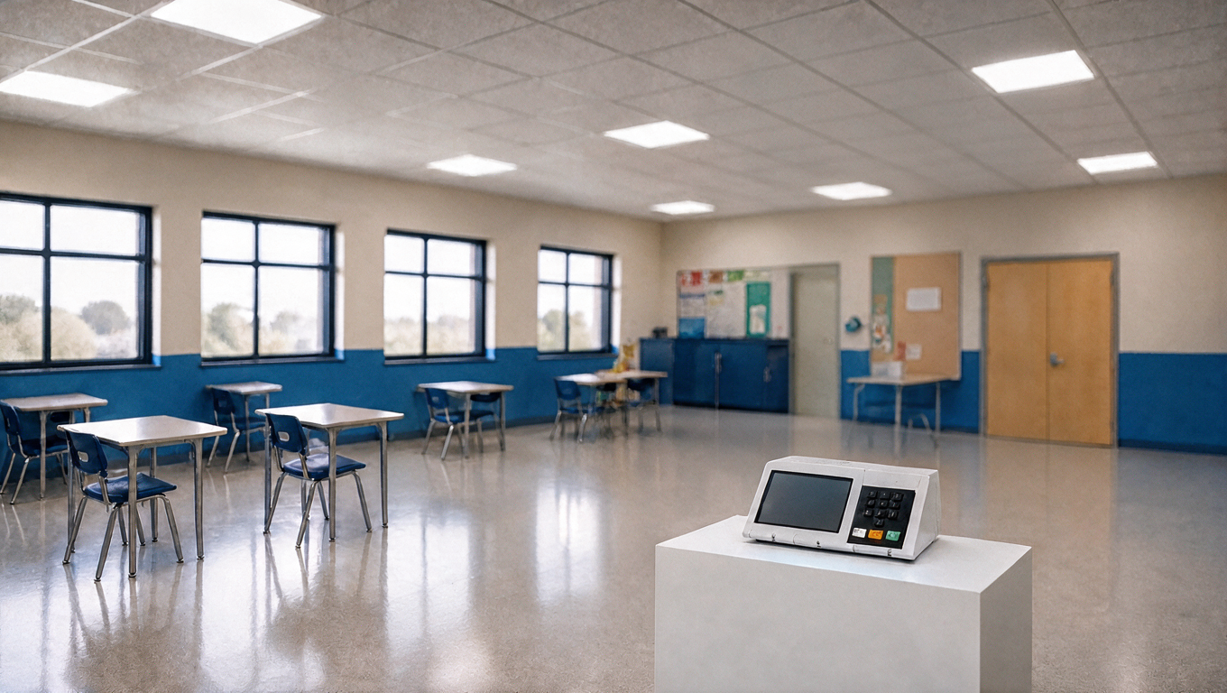 Imagem original de uma sala de aula com urna sobre um pedestal